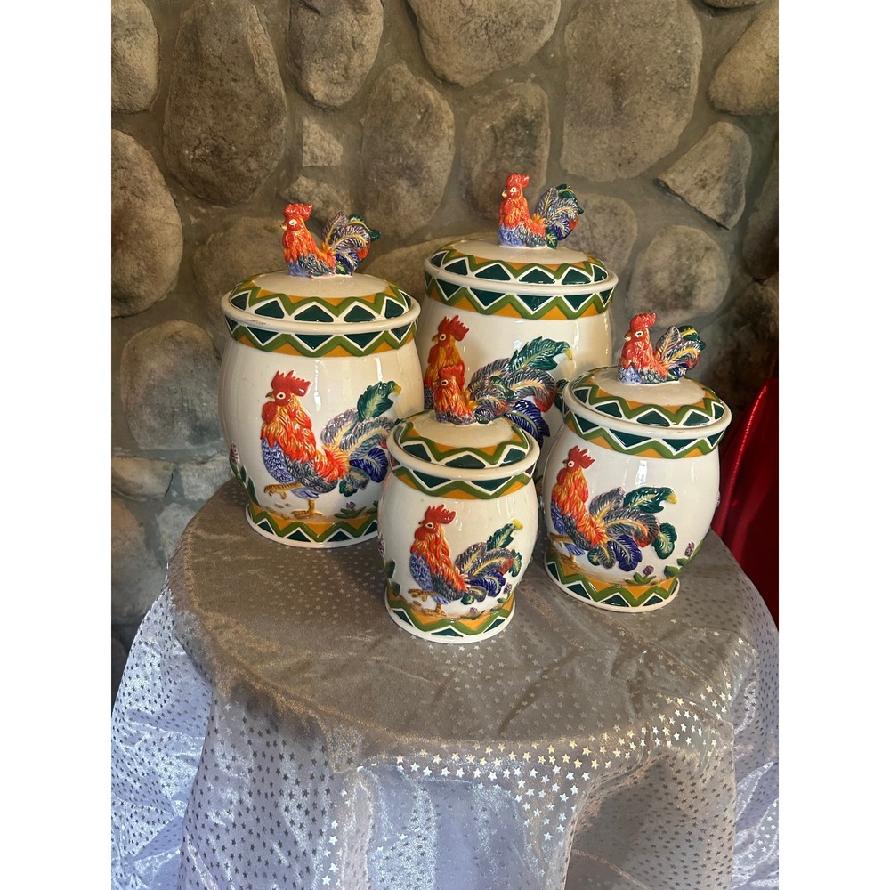 Vintage Ceramic Rooster Canister Set 4 Piece Farmhouse Kitchen Decor Multicolor